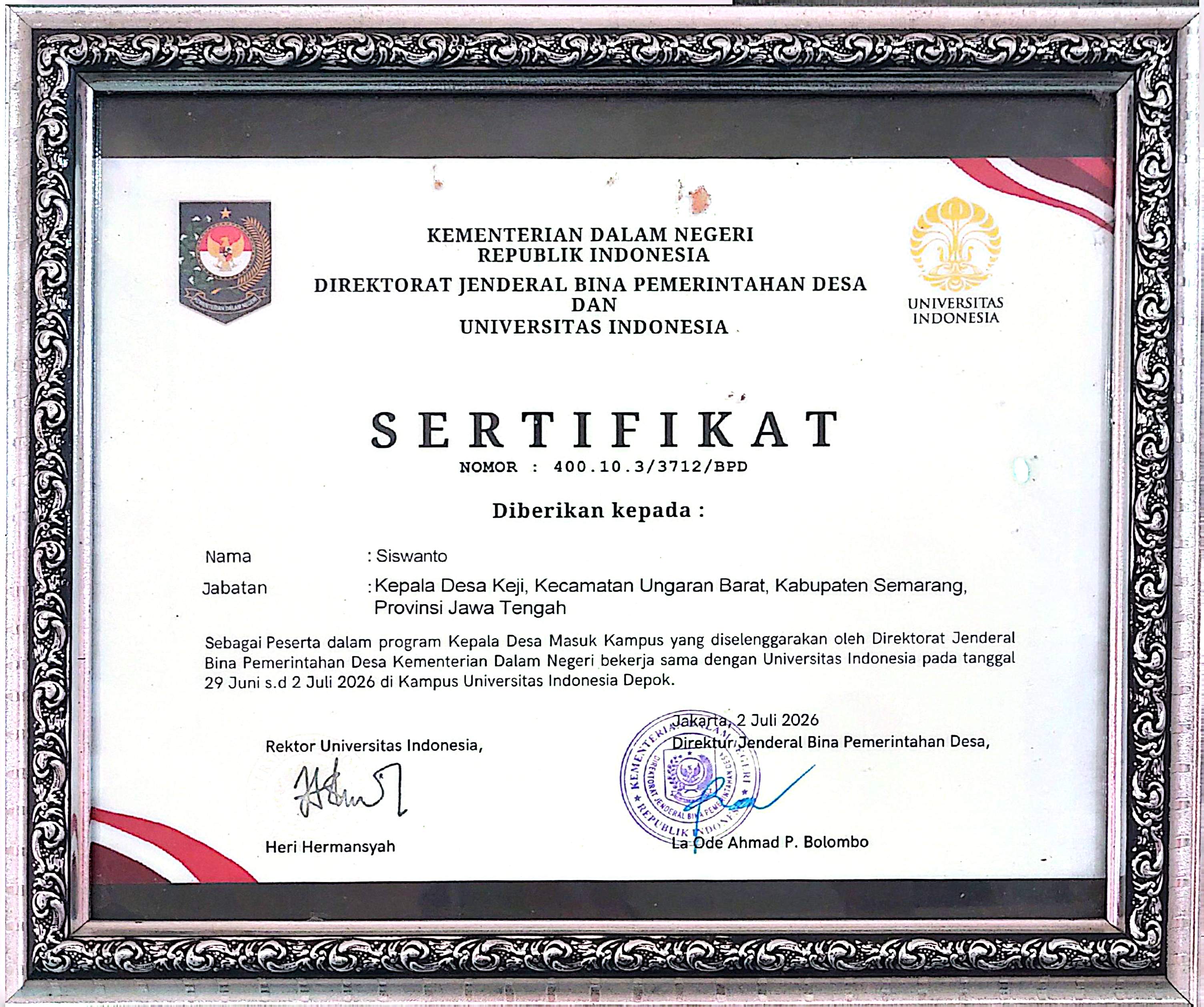 Dokumentasi Peserta Program Kepala Desa Masuk Kampus yang Diselenggarakan oleh Direktorat Jenderal Bina Pemerintahan Desa Kementrian Dalam Negeri Bekerjasama dengan Universitas Indonesia